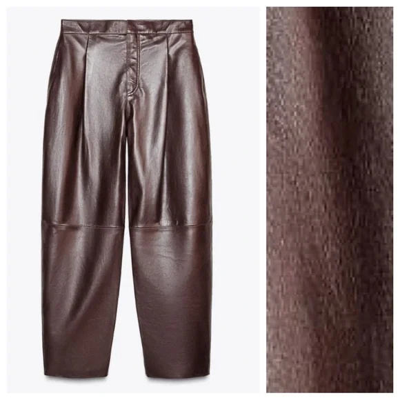 NWT. Zara ZW Collection Limited Edition Burgundy Leather Balloon Trousers Size M